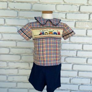 Vintage smocked train shirt and shorts
